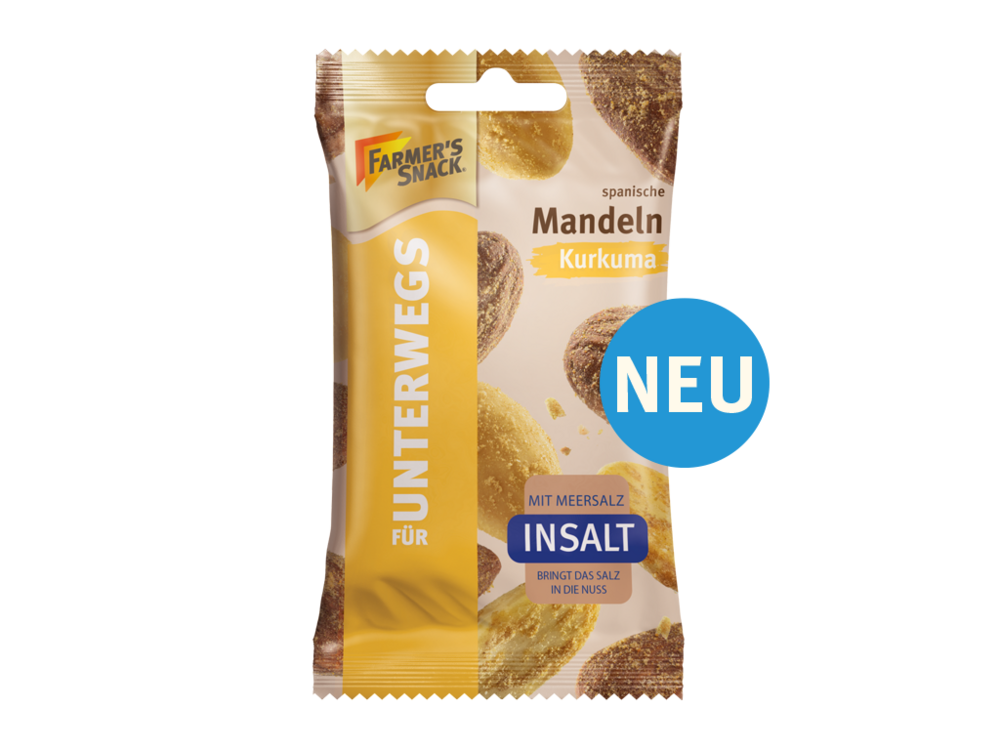 Freigestellter Packshot von Farmer's Snack Unterwegs Mandeln Kurkuma mit Neu-Störer
