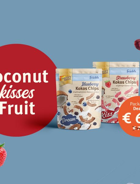Headergrafik mit Farmer's Snack Produkten auf blauem Hintergrund mit rotem Störer mit der Aufschrift "Coconut kisses fruit"