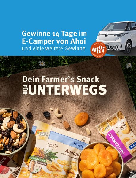 Headergrafik mit "Dein Farmer's Snack für Unterwegs" und Gewinnspiel Auslobung