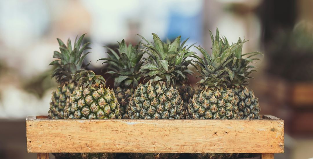 Ananas in einer hellen Holzkiste