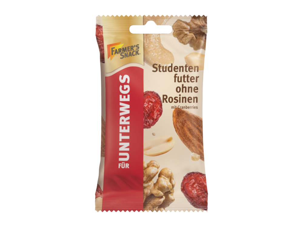 Freigestellter Packshot von Farmer's Snack Unterwegs Studentenfutter ohne Rosinen