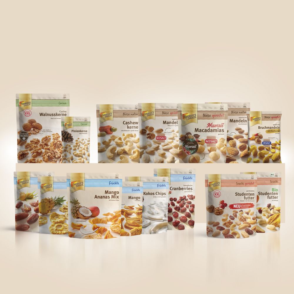 Verschiedene Farmers Snack Produkte aneinander gereiht