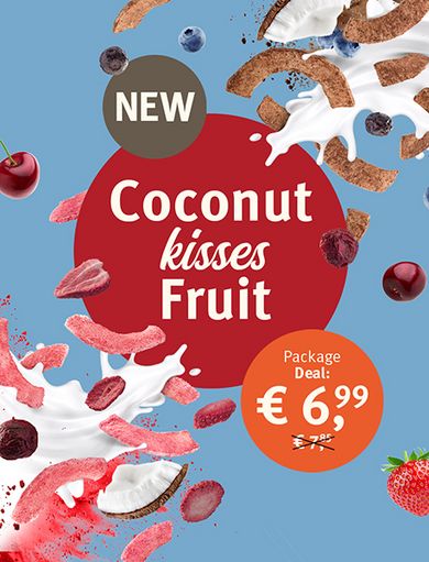 Headergrafik mit Farmer's Snack Produkten auf blauem Hintergrund mit rotem Störer mit der Aufschrift "Coconut kisses fruit"