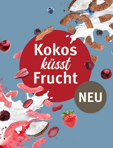 Headergrafik mit fliegenden Trockenfrüchten und einem Milchsplash