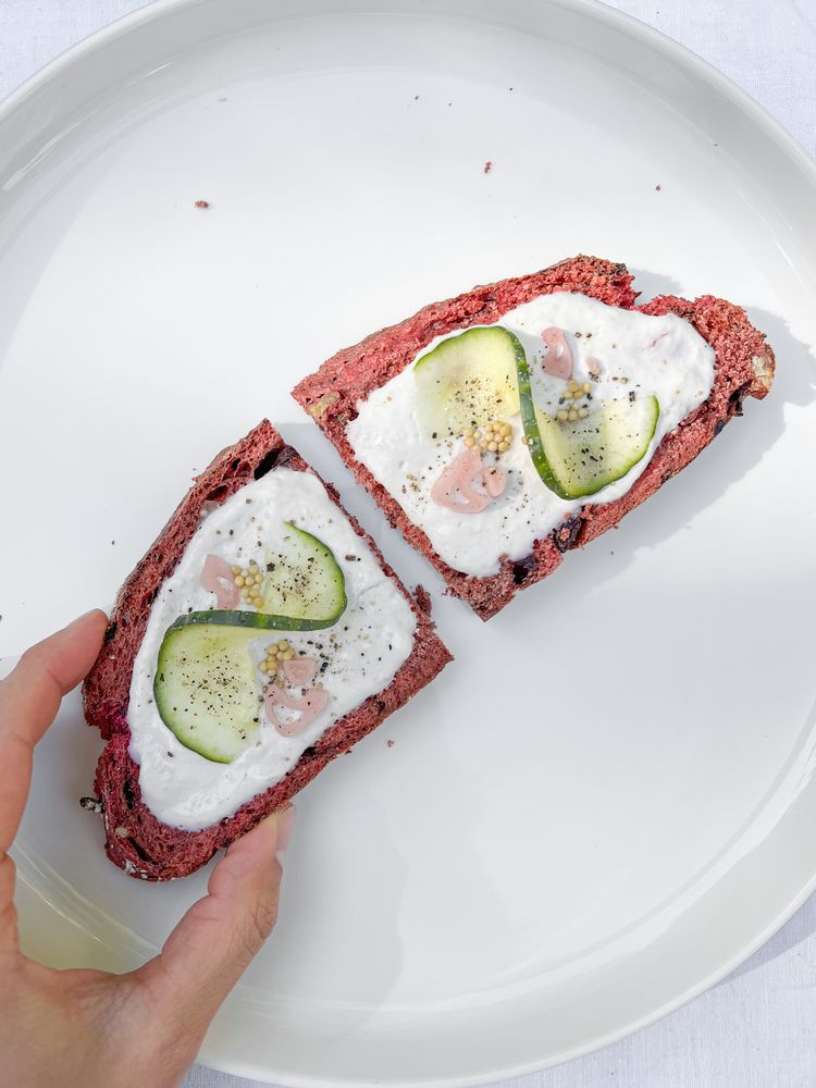 Top view of beetroot bread with spread Top view of beetroot bread with spread
