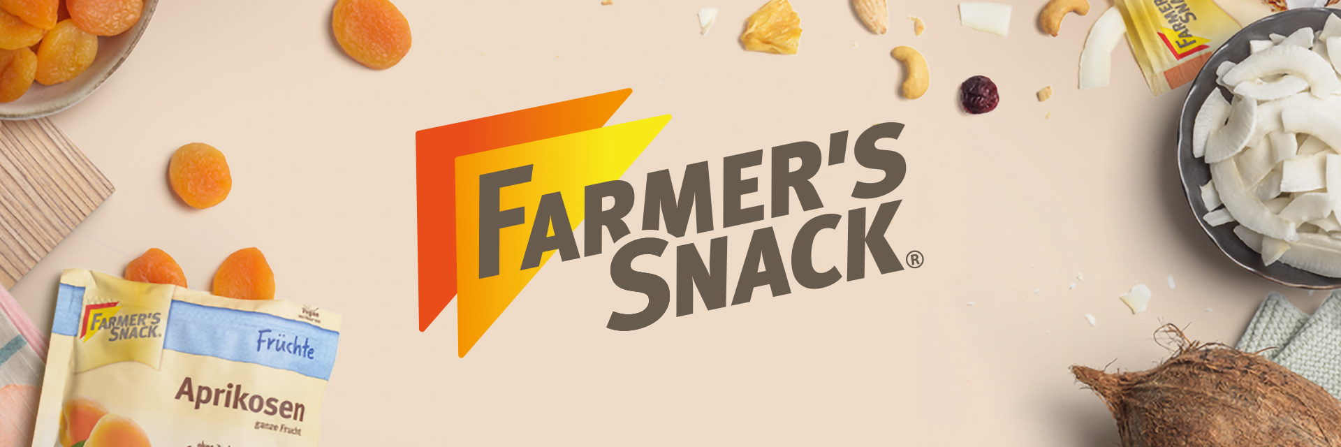 Headergrafik in beige mit zentriertem Farmer's Snack Logo und einem Farmer's Snack Verpackung und weiteren Produkten 