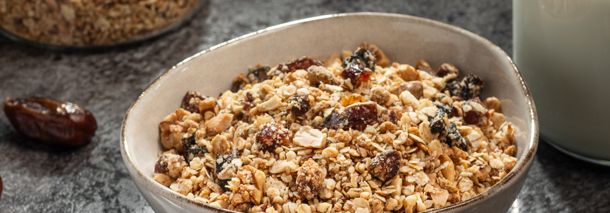 Nahaufnahme einer Schüssel Nuss Mix Granola mit Bio Datteln